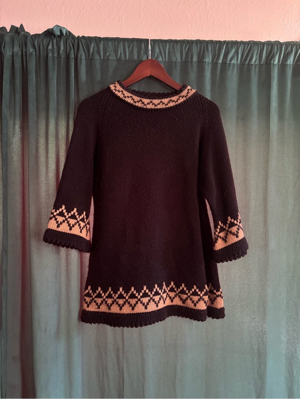 70’s Black Knit Sweater with Tan Fair Isle Trim